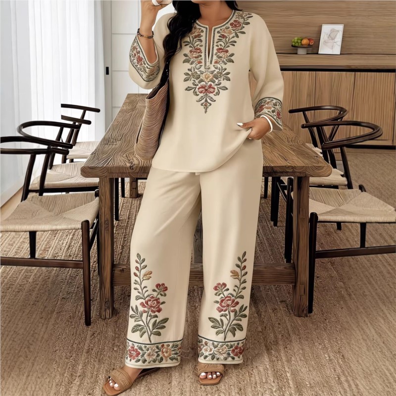 Ethnic Fashion For Ladies - Fashion Retro Printed Long-sleeved O Neck