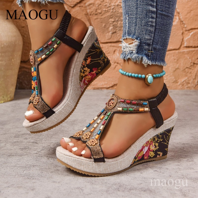 Ethnic Fashion Women - Boho Beaded Floral Wedge Sandals for