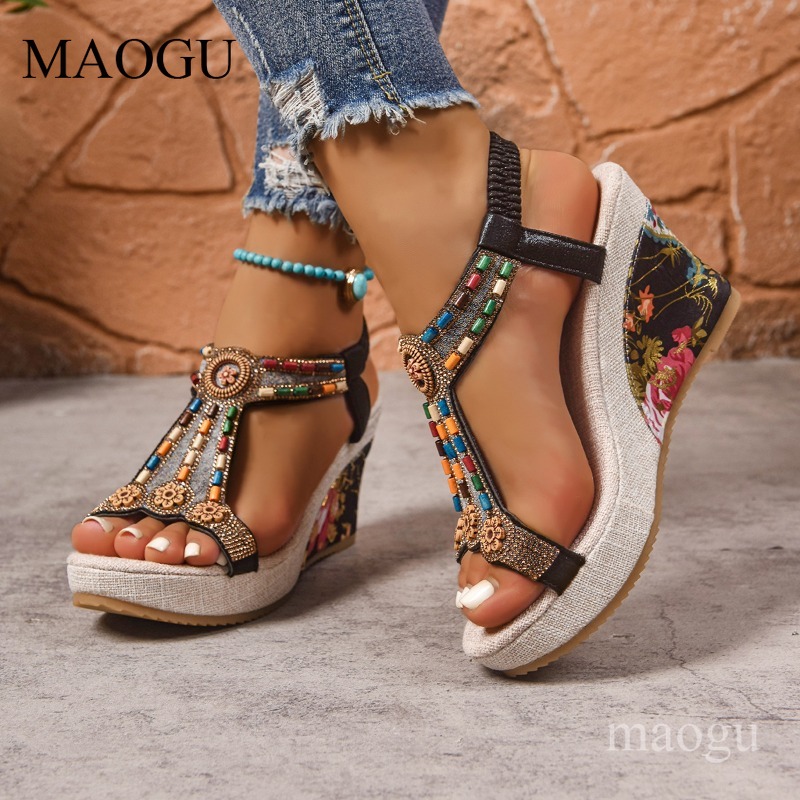 Boho Beaded Floral Wedge Sanda - Ethnic Fashion Women ulasan dan harga