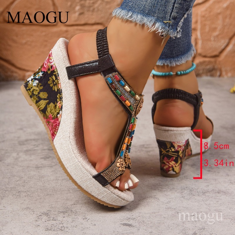 Boho Beaded Floral Wedge Sanda - Ethnic Fashion Women ulasan dan harga
